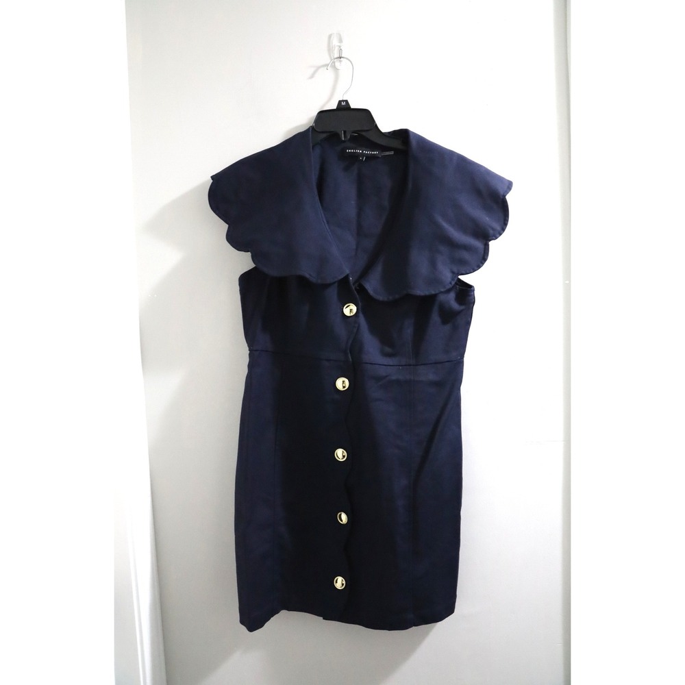 English Factory Navy Scallop Collar Button-Front Mini Dress